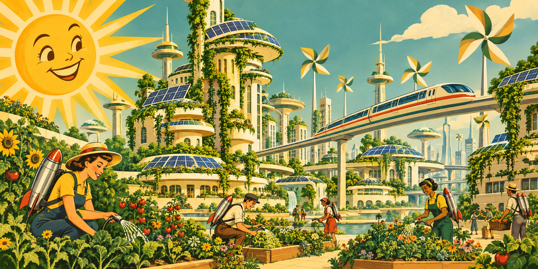 A solarpunk and retro-futurist cartoon for ecology