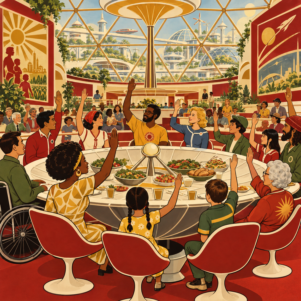 A solarpunk and retro-futurist cartoon for society