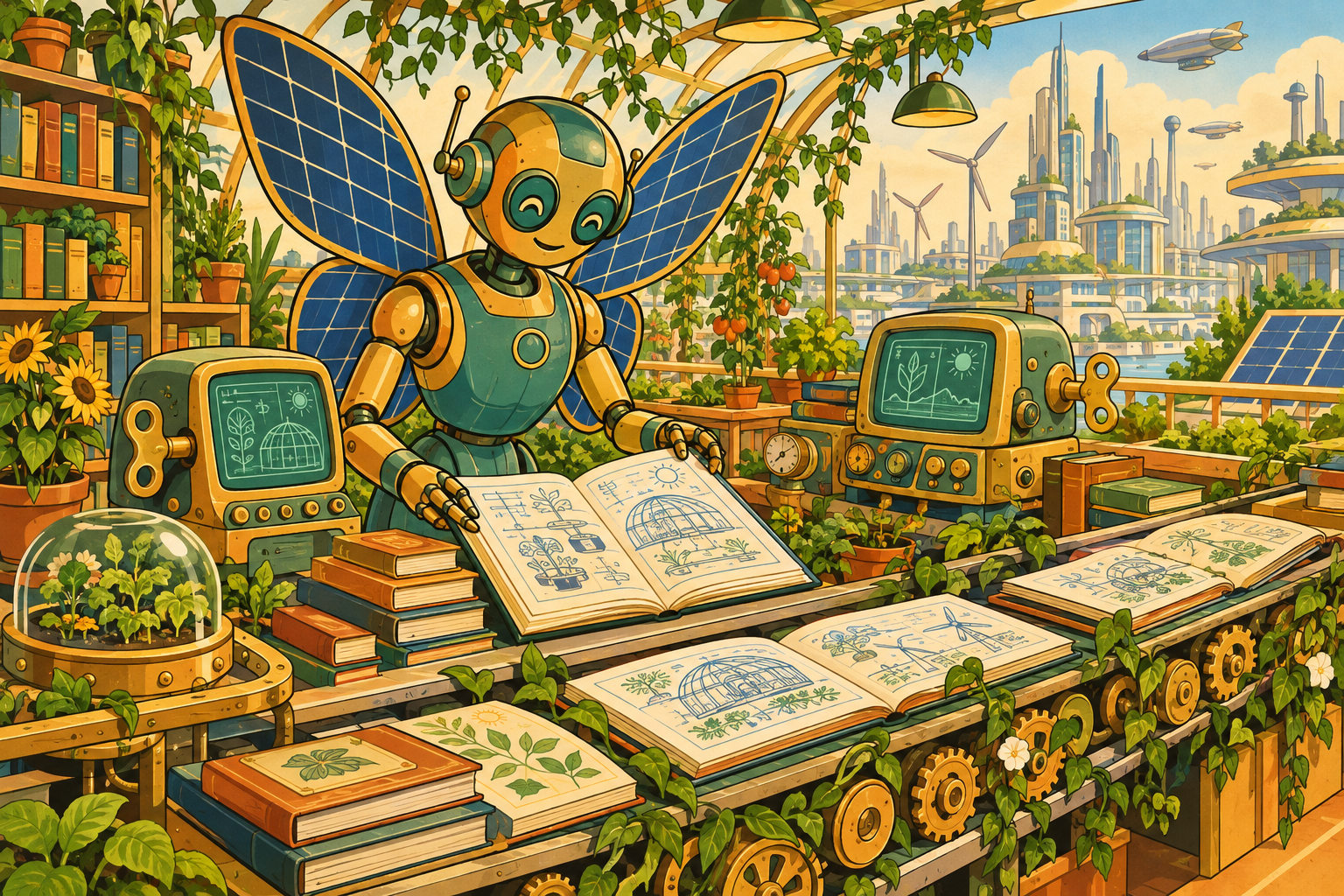 A solarpunk and retro-futurist cartoon for technology and economy